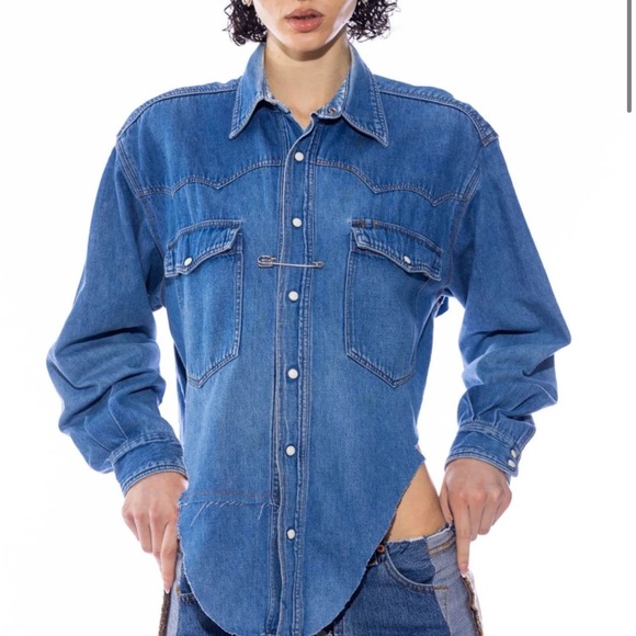 Sami Miro V cut Safety Pin Blouse in Vintage Denim size XL - Picture 4 of 11